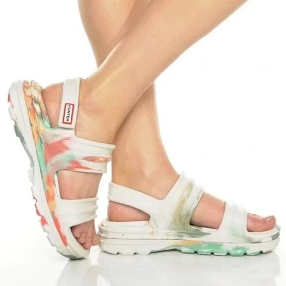 Hunter Shoes - NEW Free People x  Hunter Bloom Marble Strap Sandal Molded Aqua Coral Rubber Siz